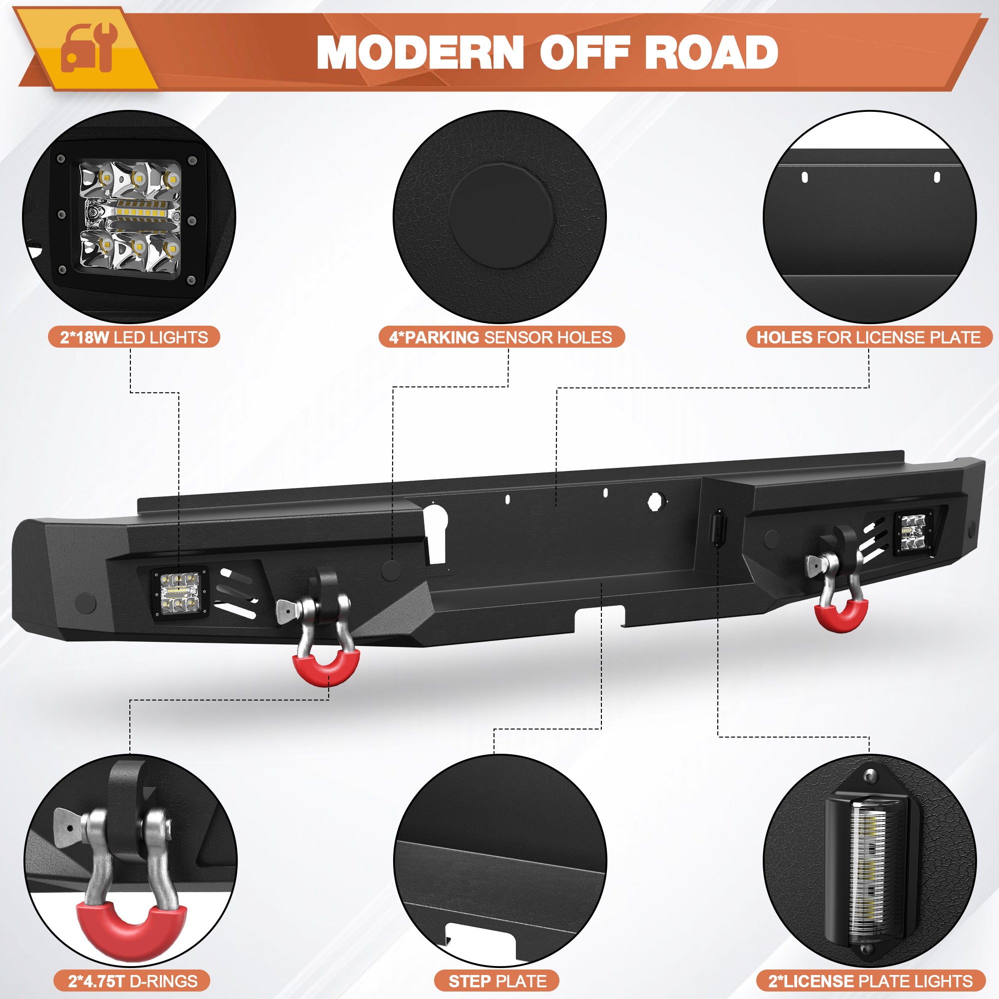 Ranger Rear Bumper Full Width Offroad Bumper for 2019-2023 Ford Ranger Pickup Trucks (Excluding Wildtrak)