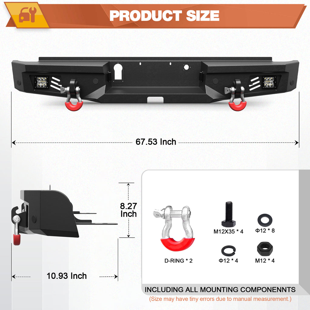 Ranger Rear Bumper Full Width Offroad Bumper for 2019-2023 Ford Ranger Pickup Trucks (Excluding Wildtrak)