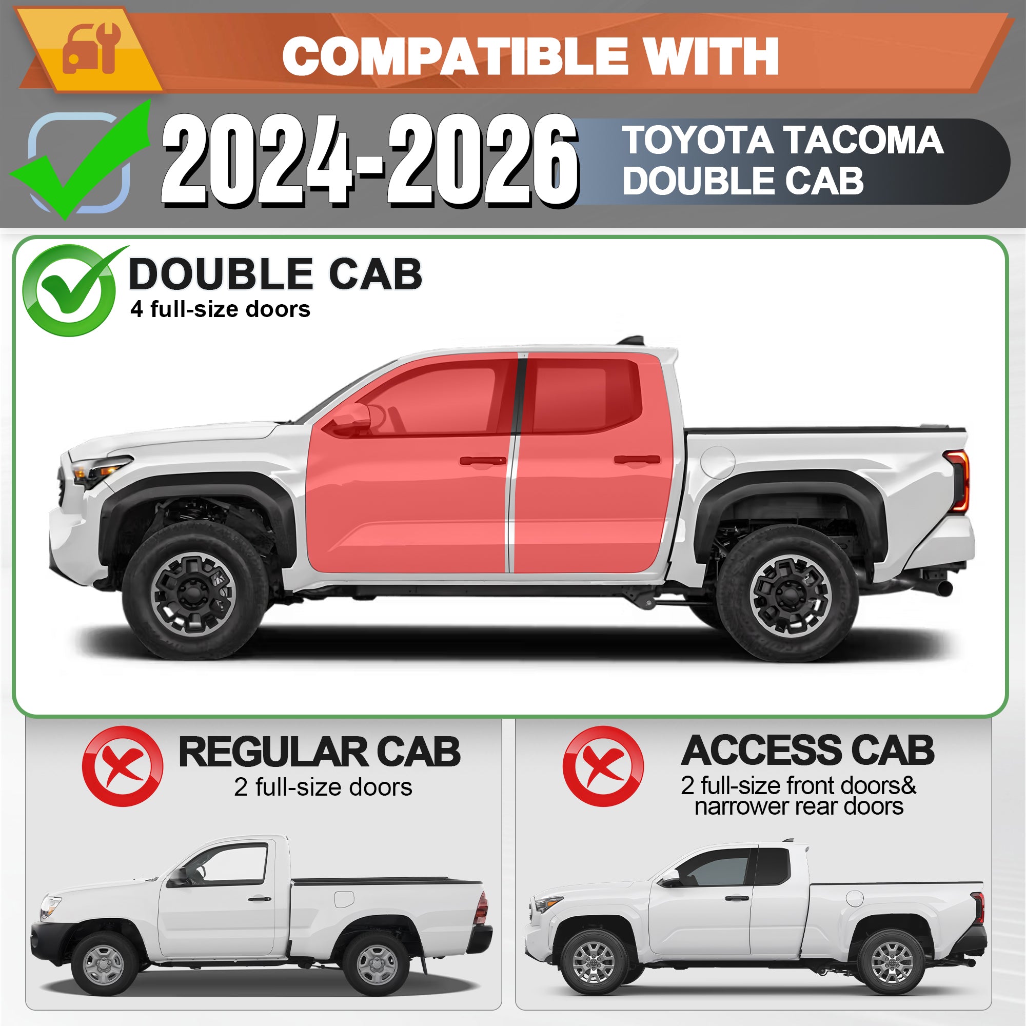 Tacoma Running Boards Compatible with 2024-2025-2026 Toyota Tacoma Crew Cab