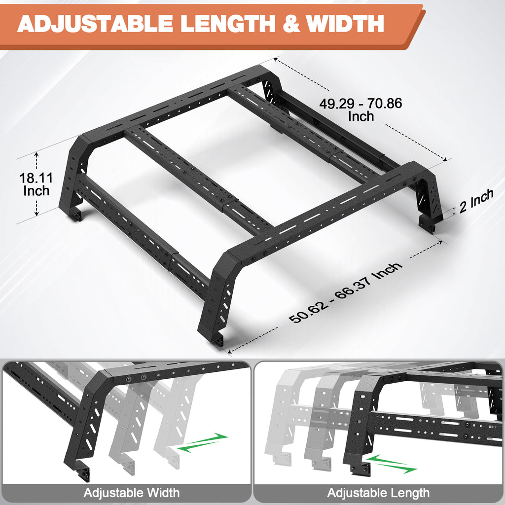 Truck Bed Rack for Mid & Full Size Trucks Adjustable 49.2"-70.8" Length NO Bed Rails Overlanding Bed Rack for Ram 1500 2500 3500, Toyota Tundra,GMC Sierra, Chevy Silverado
